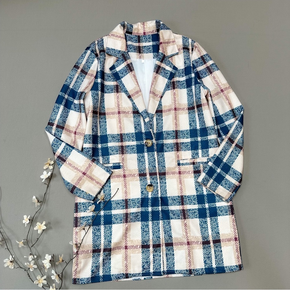Plaid button up longer length jacket, women’s medium.